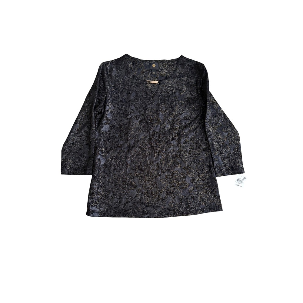 JM Collection Black Gold Metallic Floral Jacquard Top Split Neck Small NEW